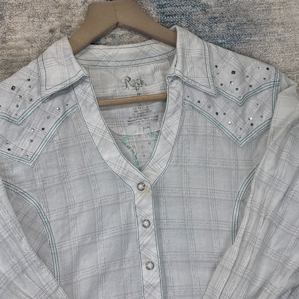 Vintage Y2K Rock 47 Wrangler Western Pearl Snap‎ Shirt Womens L Distressed